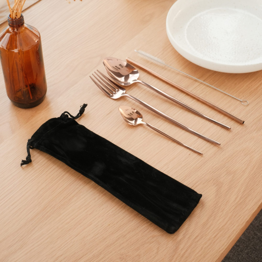 Shiny Rose Gold 5pcs Cutlery Portable Set