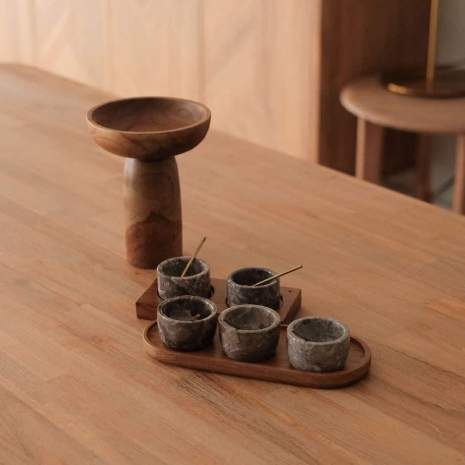 Mina Grey Marble Set of 3 Condiment Bowls With Tray