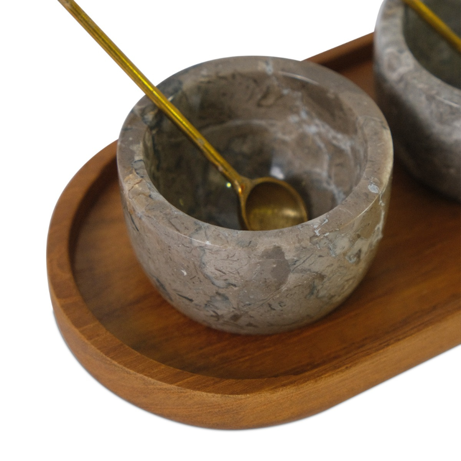 Mina Grey Marble Set of 3 Condiment Bowls With Tray